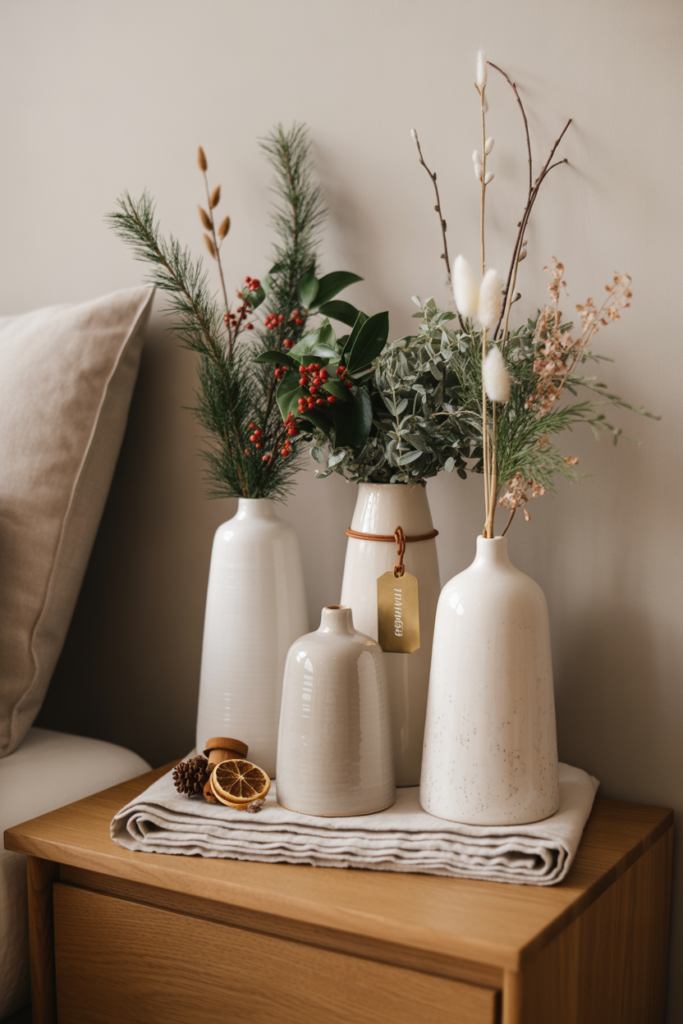 White vases filled with holiday foliage like holly, eucalyptus, cedar and position on dresser or shelves.