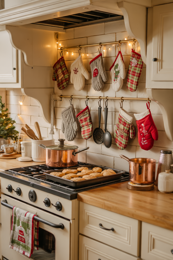 Decorative, holiday-themed pot holders and mitts in cozy knits, plaid, embroidered hung on the kitchen as a décor.