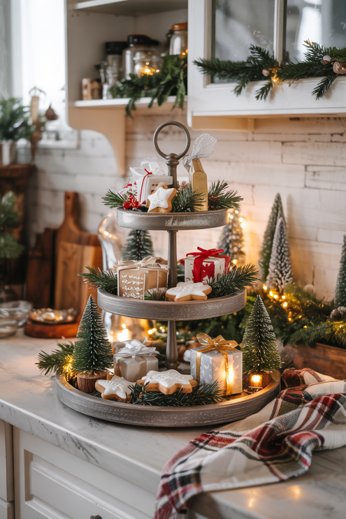 A tiered tray on the counter as a holiday vignette including cookies, ornaments, small garlands.