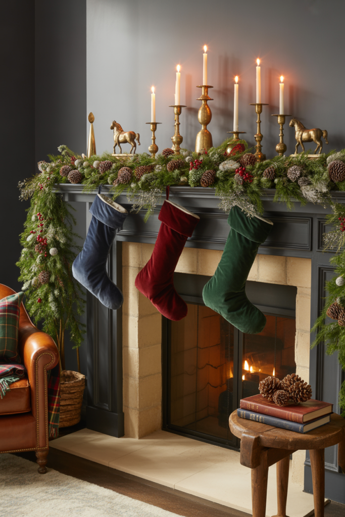 Ralph Lauren–style Christmas fireplace mantel decorated with lush evergreen garland, pinecones, brass candleholders, and tartan or velvet stockings in a cozy, layered modern rustic living room.