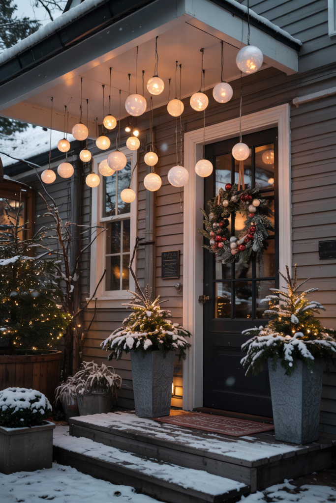 A porch ceiling studded with clusters of frosted glowing orbs hanging on near-invisible wires above a snowy entry, warm internal LEDs diffusing like floating snowballs.