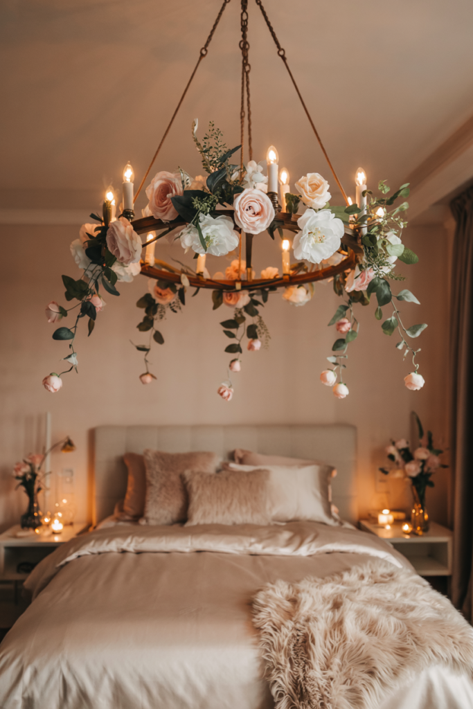 Romantic bedroom scene with a suspended floral chandelier of blush roses, ivory peonies and eucalyptus, studded with hanging tea lights above an immaculately styled bed.
