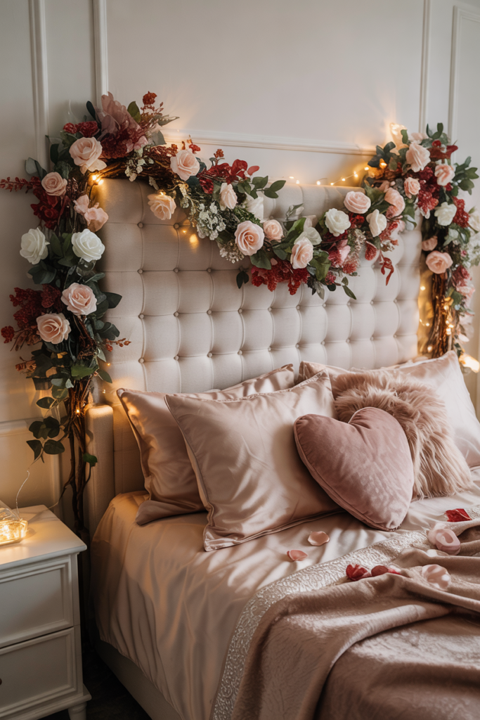 bedroom scene with a lush garland of roses, baby’s breath and eucalyptus draped along a tufted headboard above a tidy bed.