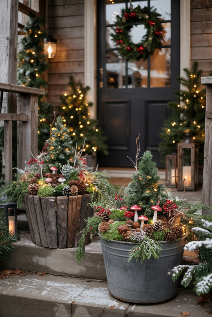 Large rustic planters styled like a forest floor overflowing with moss, twigs, red berries, miniature mushrooms, and warm fairy lights against a frosty porch backdrop.