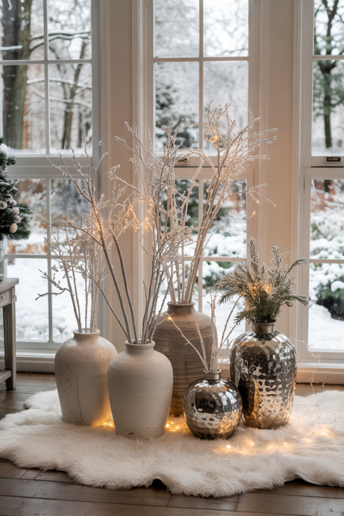 Elegant winter living room with white-painted branches in oversized ceramic vases, wrapped in fairy lights and crystal ornaments, creating a frosted forest look beside a cozy neutral home.