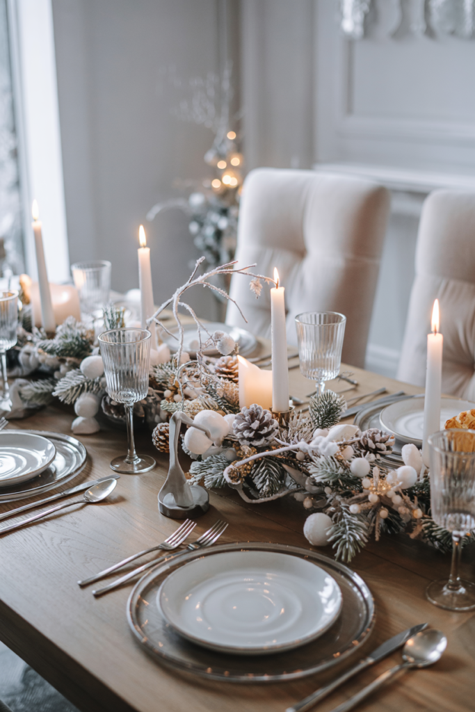 Modern luxe dining room with a frost-touched tablescape of white porcelain, silver cutlery, clear glass plates, and frosted branches as a runner, creating an elegant Winter Wonderland feast setting.