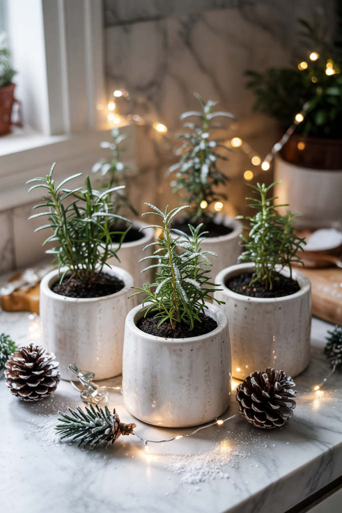 Modern luxe kitchen with white ceramic herb pots containing rosemary and thyme dusted with faux snow, creating a natural and festive Winter Wonderland touch.