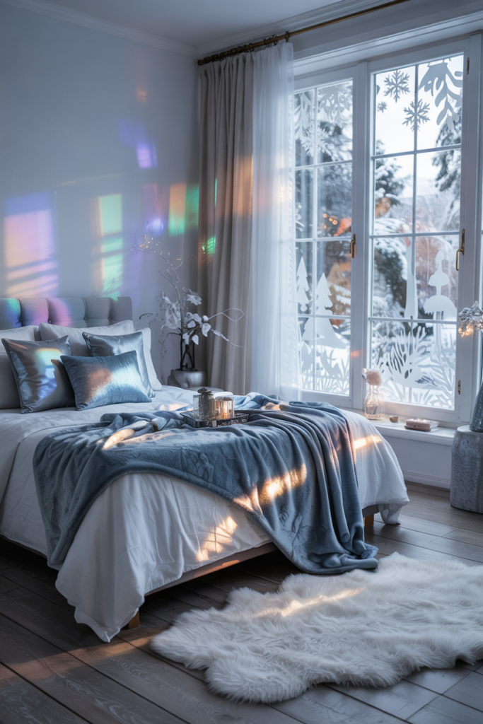Modern luxe winter bedroom featuring frosted snowflake window films, white bedding with silver accents, crystal garlands, and glowing fairy lights, creating a magical Winter Wonderland retreat.