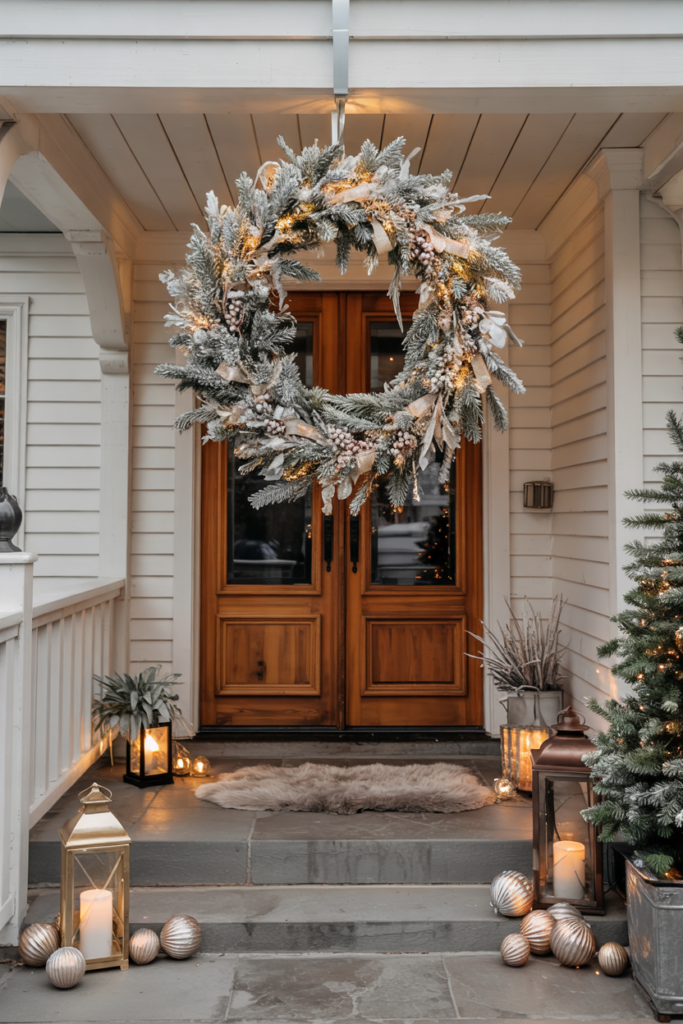 Modern luxe front porch with an oversized frosted wreath decorated with white berries, silver bells, and metallic ribbons, glowing warmly in a Winter Wonderland setting.