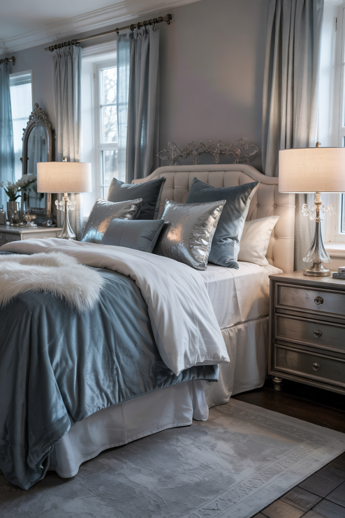 Elegant winter bedroom featuring white linen, icy blue velvet bedding, and metallic silver pillows that shimmer softly under warm, low lighting for a dreamy frozen look.