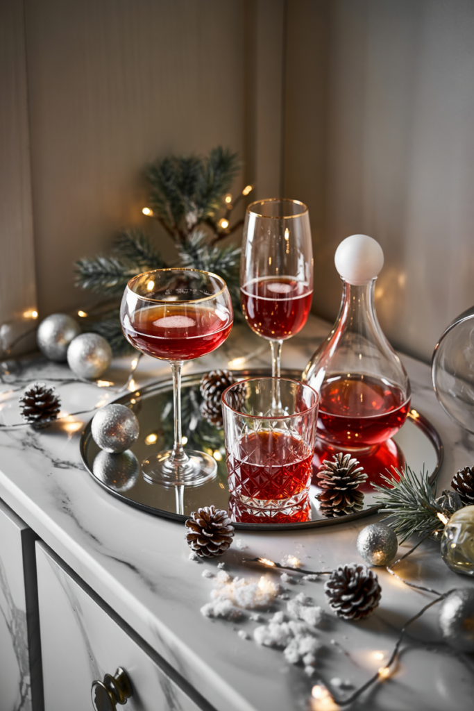 Modern luxe dining room wine corner with a mirrored tray of silver-rimmed glasses, crystal decanters, and frosted winter cocktail decor, creating a sophisticated Winter Wonderland bar vignette.