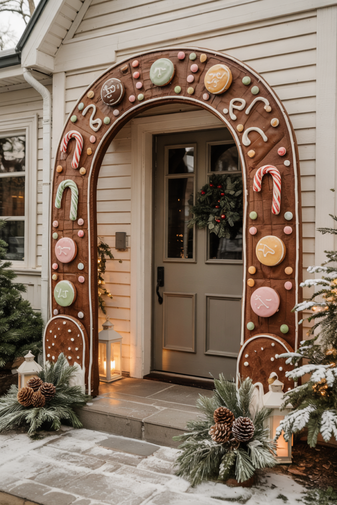 A faux-gingerbread foam arch with icing-like scrollwork and candy accents framing but not blocking the front door, softly lit and dusted with snow.