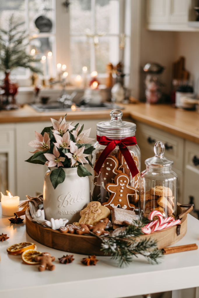 Arranged group of decorative cookie jars, gingerbread figurines, and holiday-themed canisters on a tray .