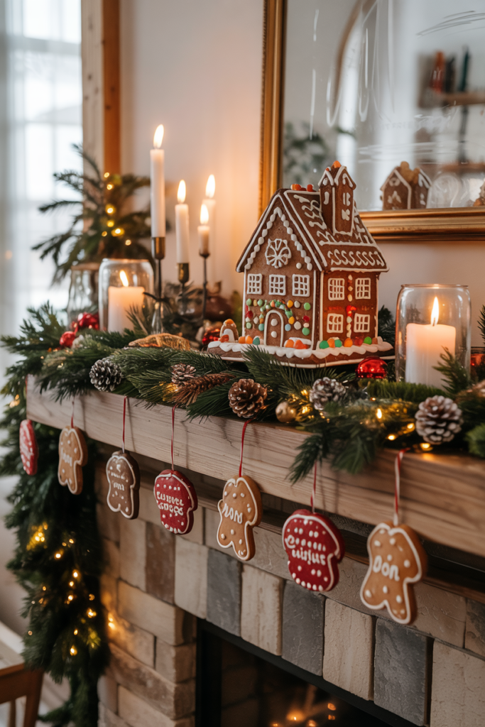 A Christmas fireplace mantel decorated with a gingerbread house, cookie-shaped ornaments, and holiday baking props, creating a playful and festive family-friendly holiday display.