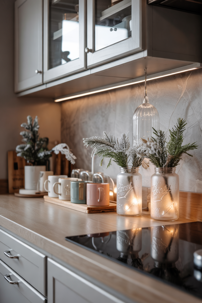 Modern luxe kitchen with soft white LED strips under cabinets casting a cool, frosty glow across countertops, creating a magical Winter Wonderland ambiance.