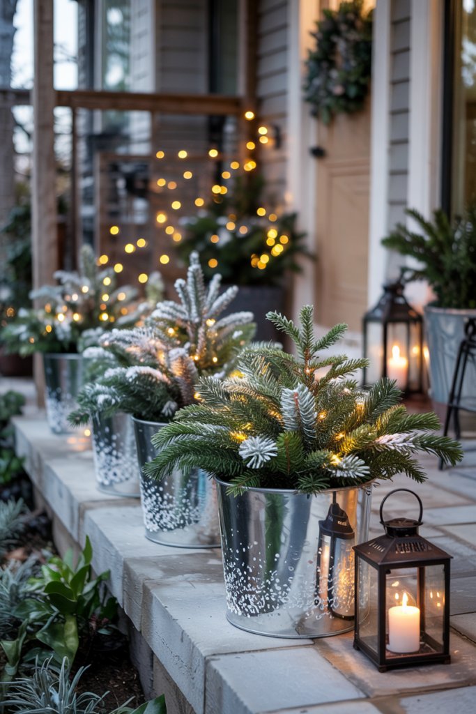 Modern luxe porch with glittered frosted planters holding evergreen sprigs and twinkling fairy lights, creating a magical Winter Wonderland glow.