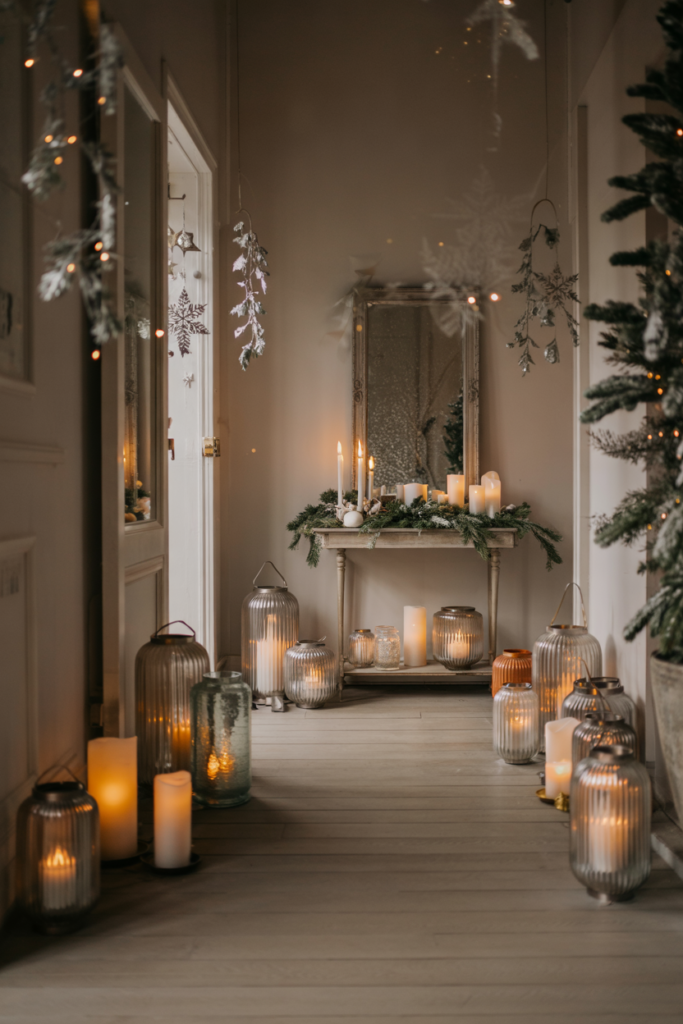 Modern luxe winter foyer with glowing frosted glass lanterns lining the hallway, creating a warm golden pathway through a softly lit Winter Wonderland entry.