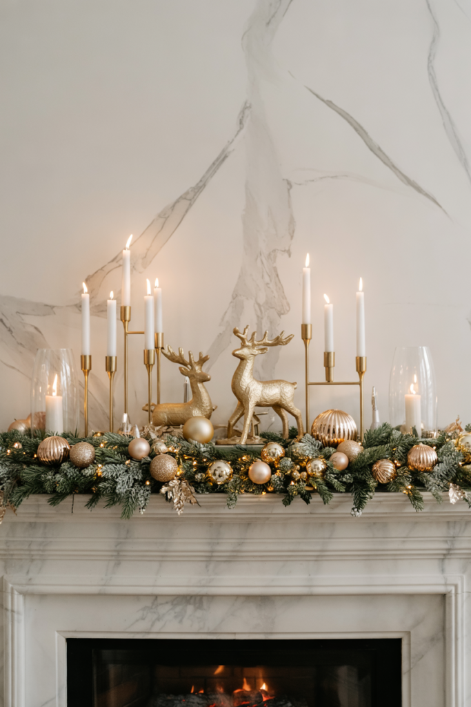 A modern luxe Christmas fireplace with gold and brass candleholders and ornaments on a white mantel, accented by subtle greenery and soft candlelight for a glamorous, clean holiday look.