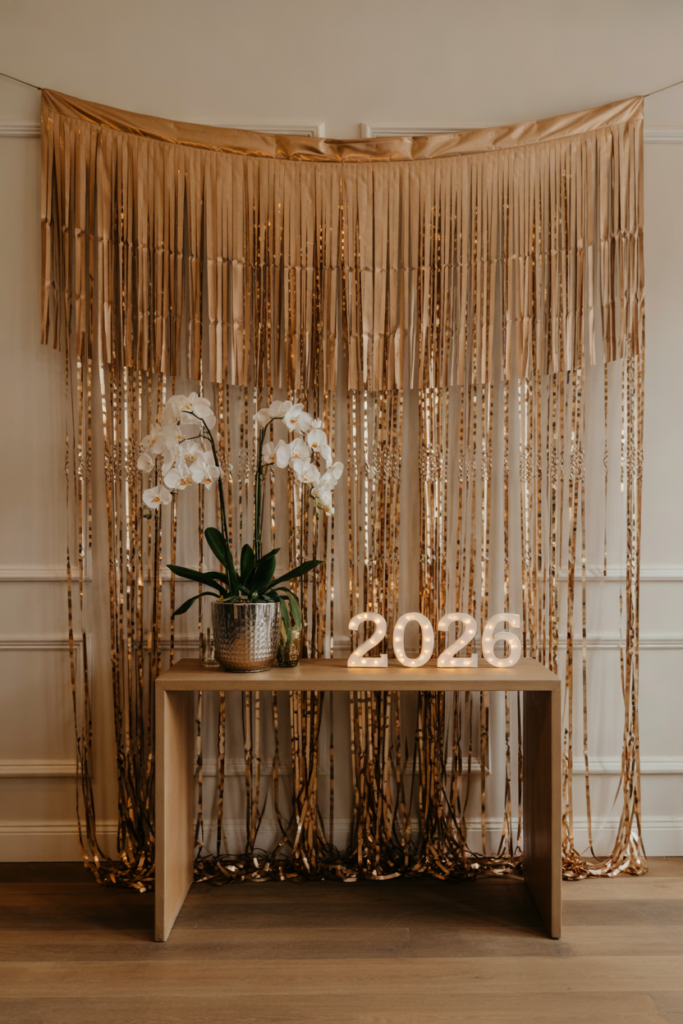 Gold fringe wall backdrop shimmering with metallic strands, creating a glamorous New Year 2026 home photo backdrop.