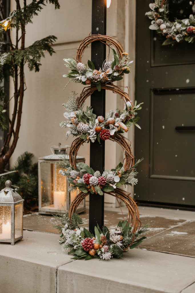 A vertical stack of snow-dusted grapevine wreaths in varying sizes leaned against a porch wall, interwoven with pinecones, muted berries, and warm uplighting on a snowy evening.