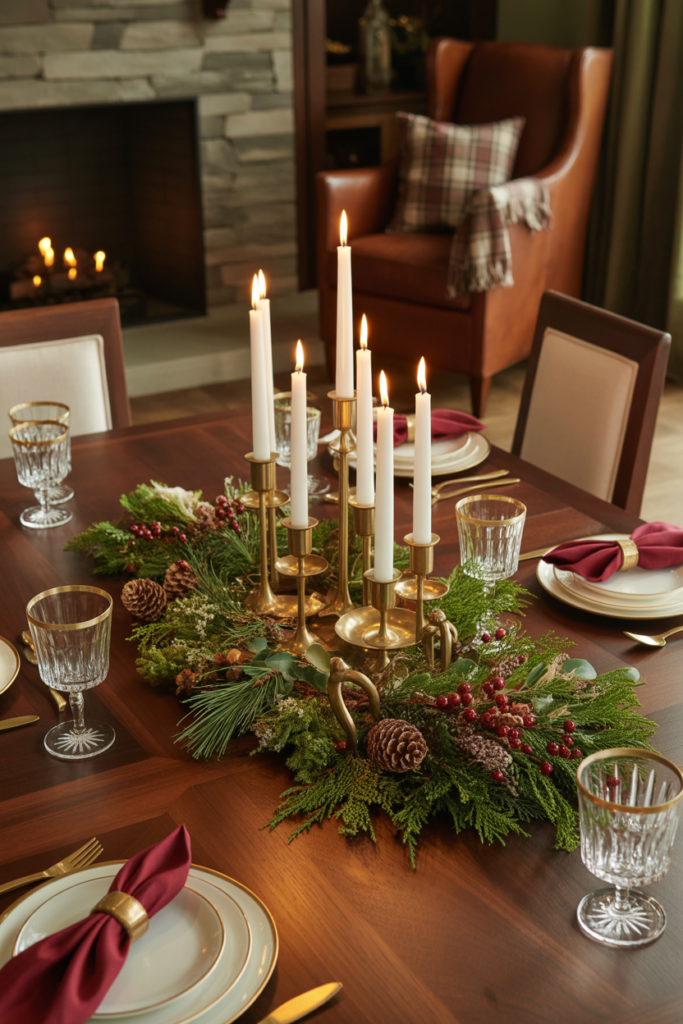 Ralph Lauren–style holiday dining table with brass and gold candle centerpieces, evergreen sprigs, pinecones, red berries, gold-rimmed glassware, and plaid accents in a cozy modern rustic interior.