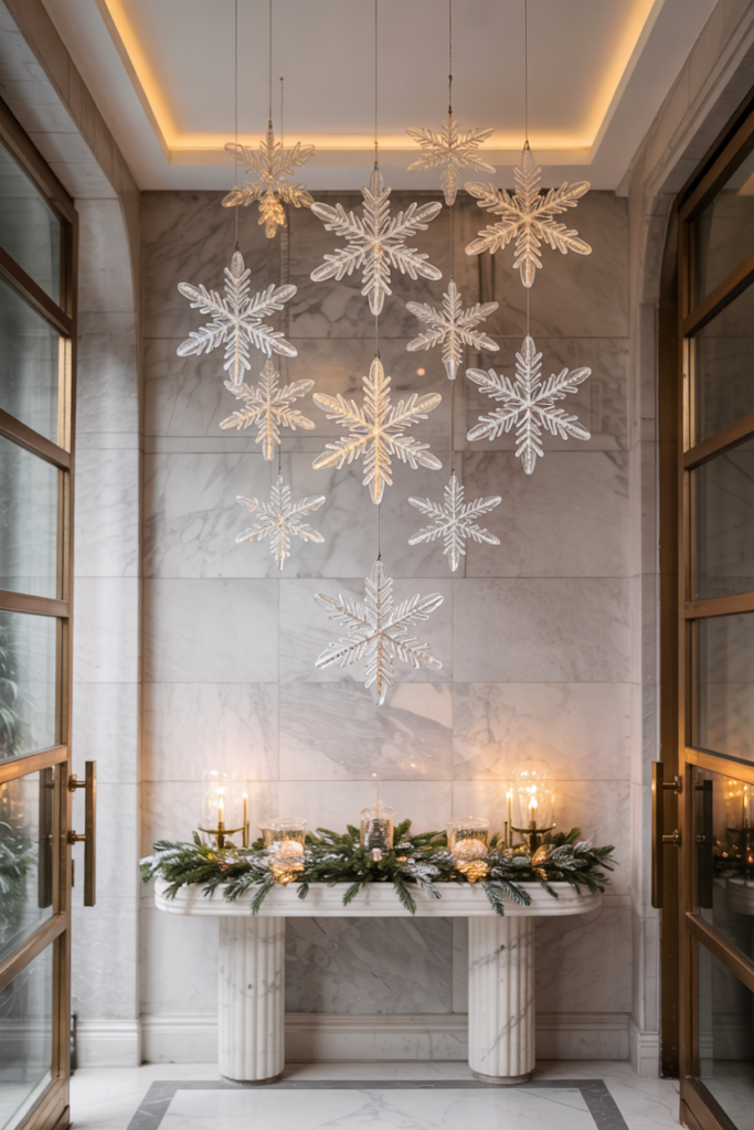 Modern luxe winter foyer with floating snowflake mobiles hanging from the ceiling, shimmering in soft light and creating a magical Winter Wonderland welcome.