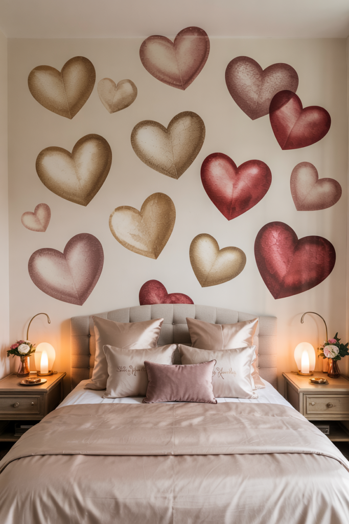 Cozy bedroom with removable soft-gold and blush heart decals arranged above a perfectly organized bed with satin bedding.