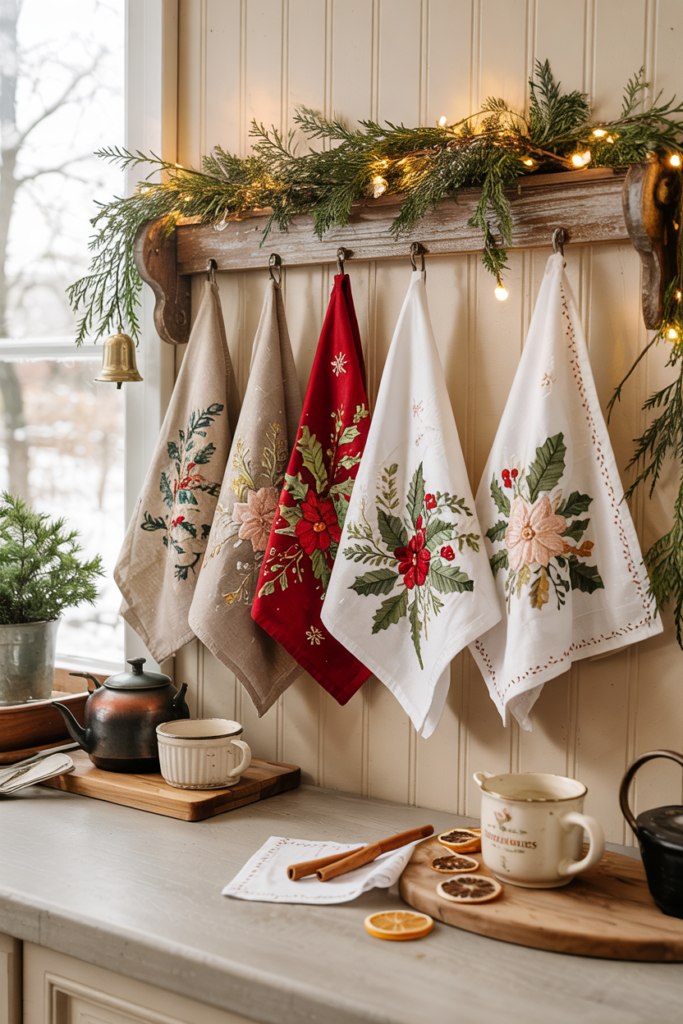 Embroidered Christmas-themed cotton tea towels with motifs like holly, poinsettia, or rose accents are hung on hooks.