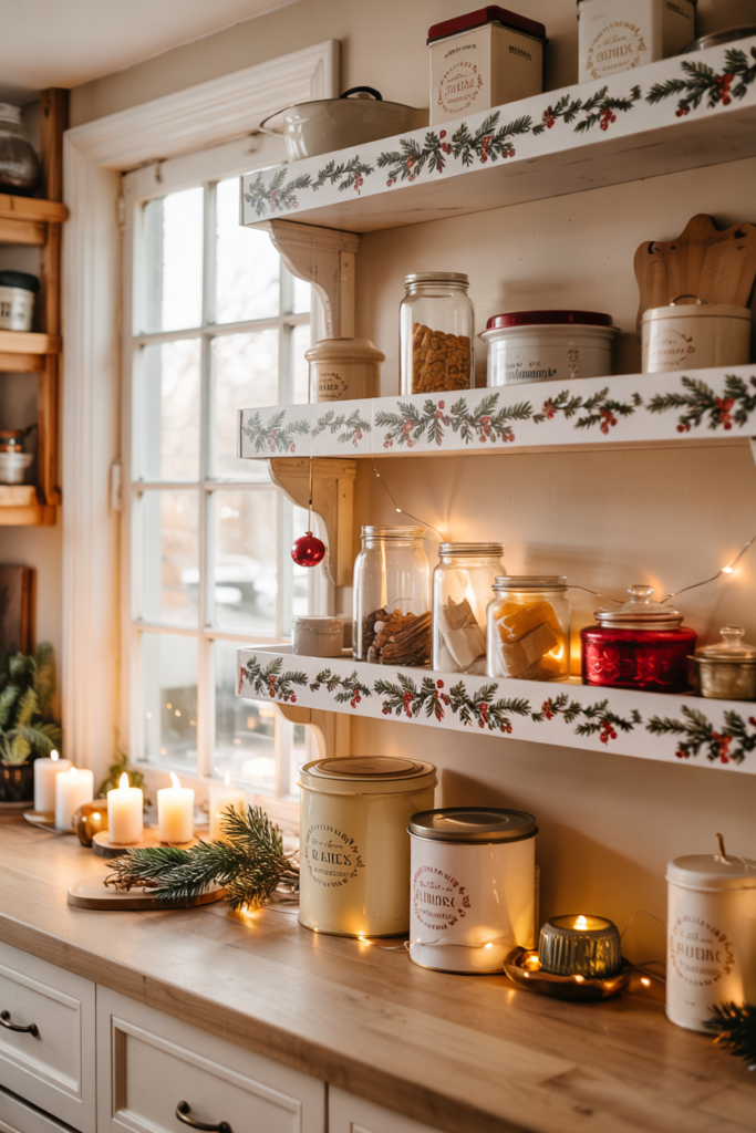 removable shelf liner paper with holiday motifs like berries, pine and metallic accents on open shelving to add festive flair.
