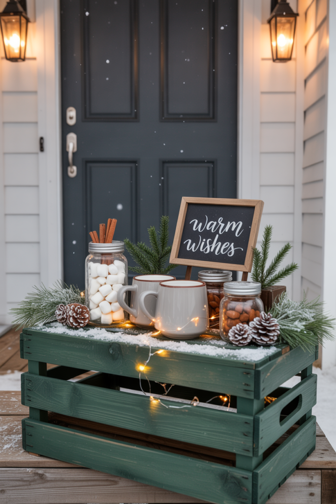 A weatherproof wooden crate styled as a hot-cocoa station with mugs, jars of marshmallows and candy canes, a “Hot Cocoa” sign, evergreen sprigs.