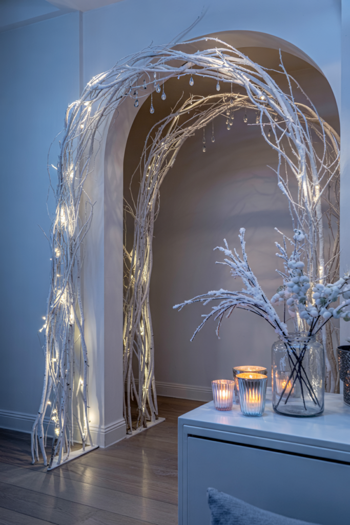 Modern luxe winter foyer with an archway of frosted branches, crystal icicle ornaments, and twinkling LED lights, creating a magical icy entrance that feels like stepping into a Winter Wonderland.