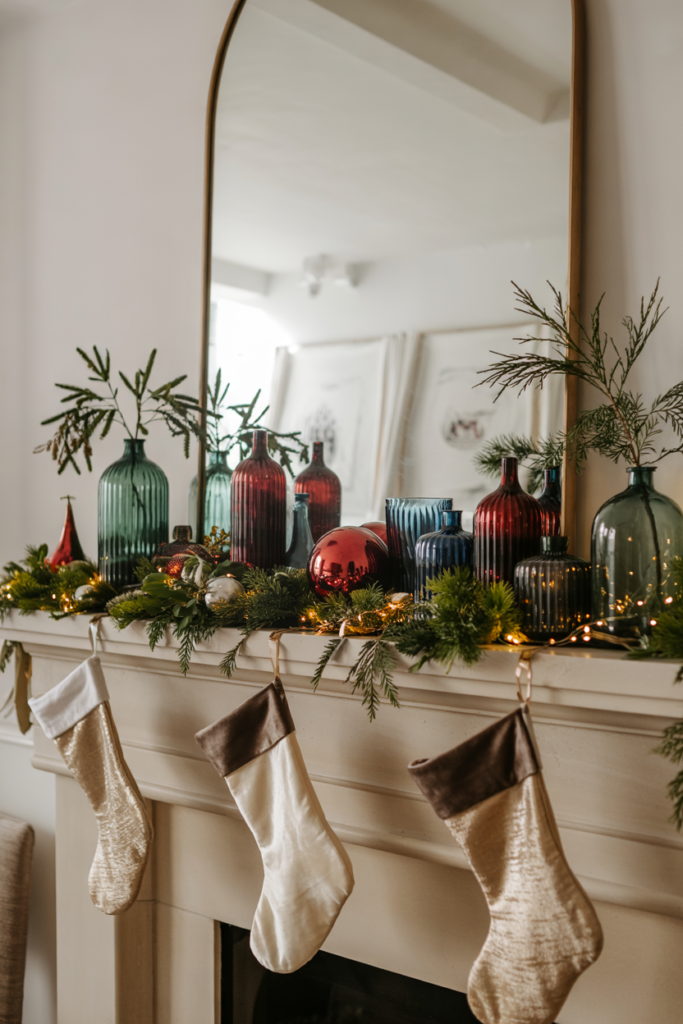 A neutral winter mantel styled with emerald-green glass vases, cranberry-red ornaments, and ink-blue ceramics, accented with candles and evergreen garland for a luxe festive look.
