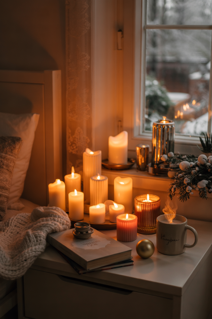 Clusters of pillar candles in frosted glass and ceramic on a nightstand and windowsill, casting safe, flickering amber light.