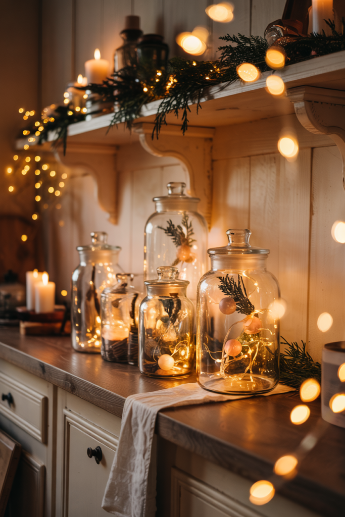 Clear jars filled with battery-powered LED fairy lights mixed with small ornaments and pinecones on the kitchen counter.