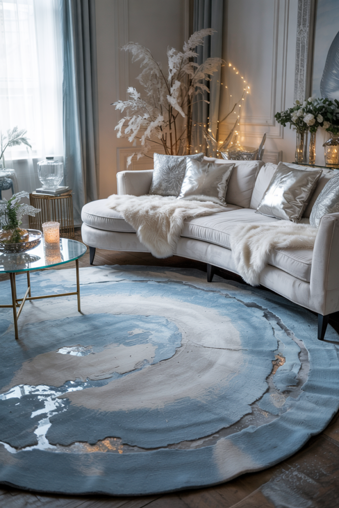 Elegant winter living room with a shimmering pale-blue metallic rug resembling a frozen lake, paired with a white sofa, silver accents, and soft glowing fairy lights.