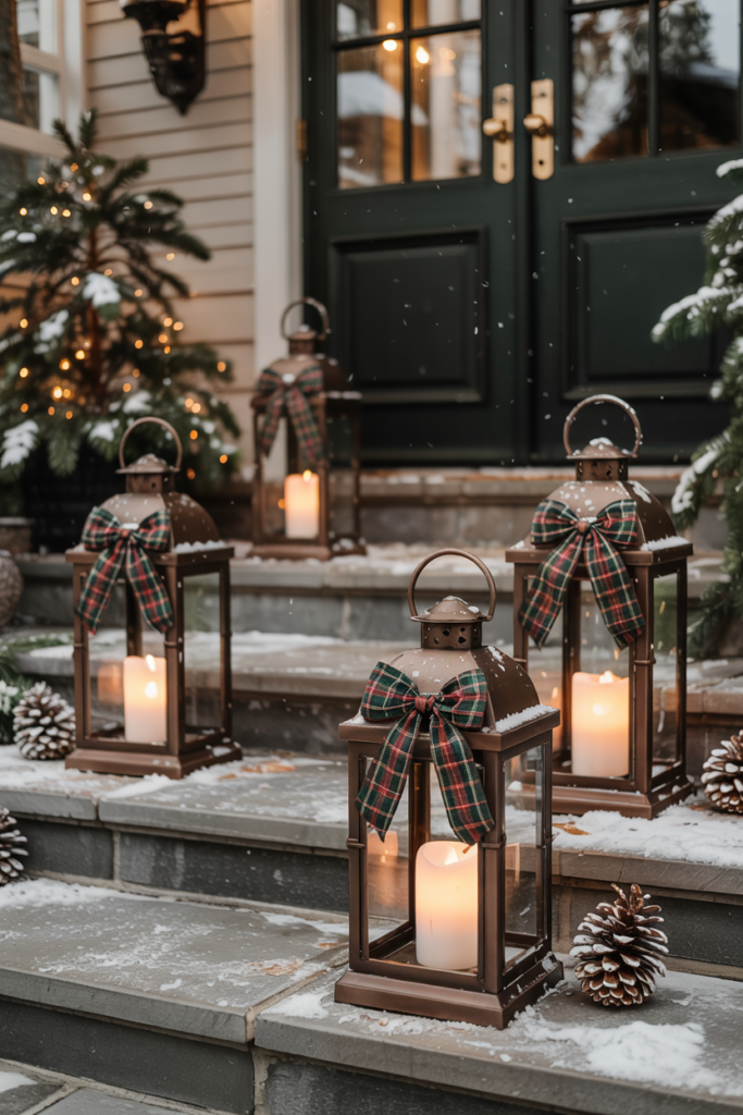 A neat row of classic lanterns with tartan or ticking-stripe bows along the steps, each glowing warmly