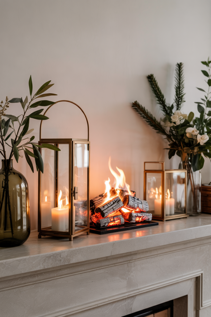 A winter mantel with glass lanterns containing flameless candles and LED logs, surrounded by greenery and metallic accents for a warm, fireplace-inspired glow.