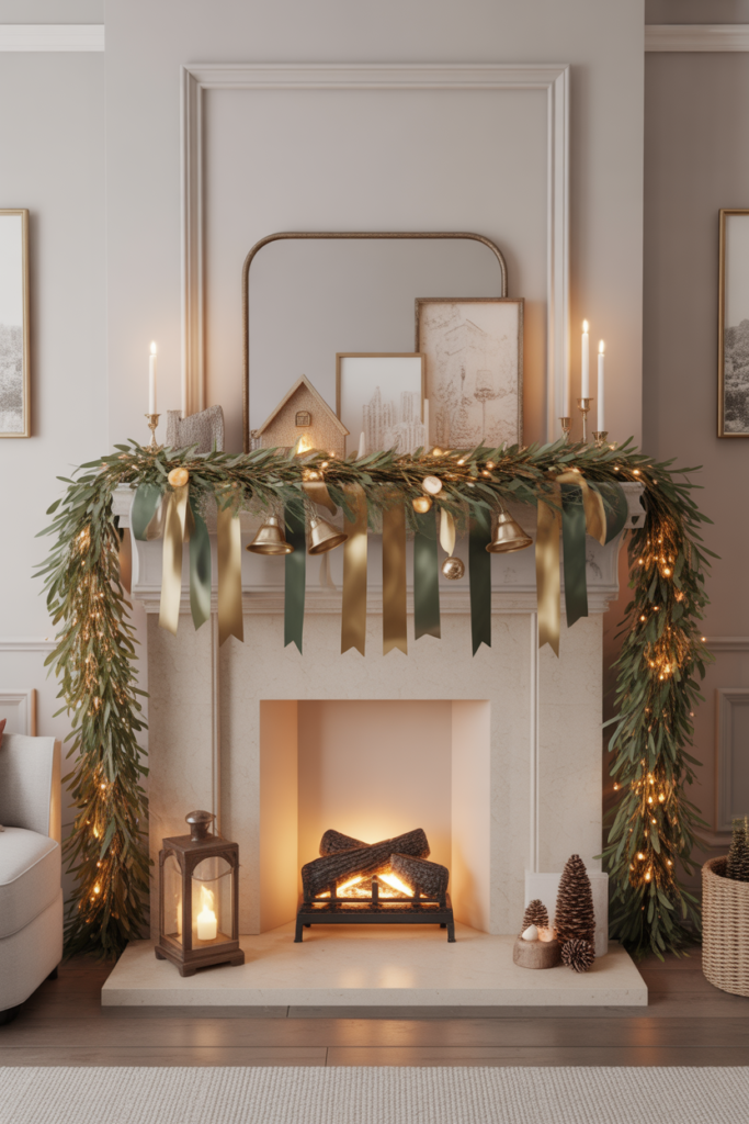 A cozy fireplace mantel decorated with layered garlands — lush eucalyptus intertwined with warm mini lights, ribbon, and tiny bells, creating a rich, textured holiday look.