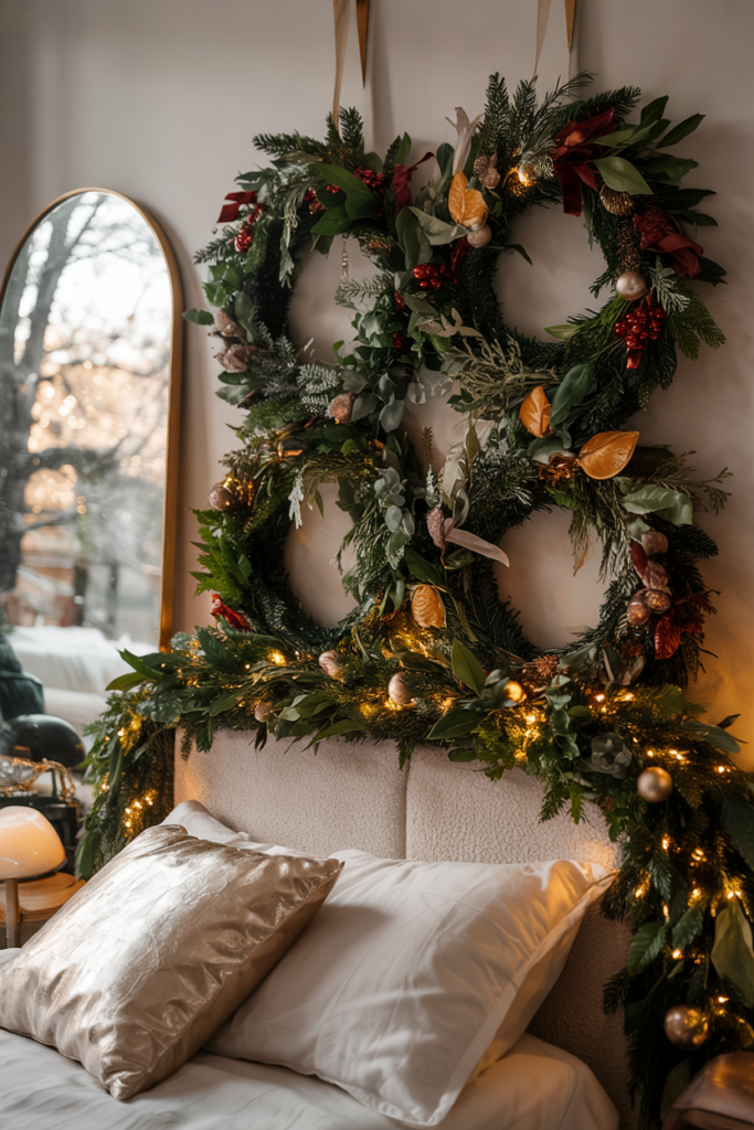 Four layered wreaths above the headboard overflowing with fir, eucalyptus, holly, velvet ribbon, pinecones, gold ornaments, and internal fairy-light glow.