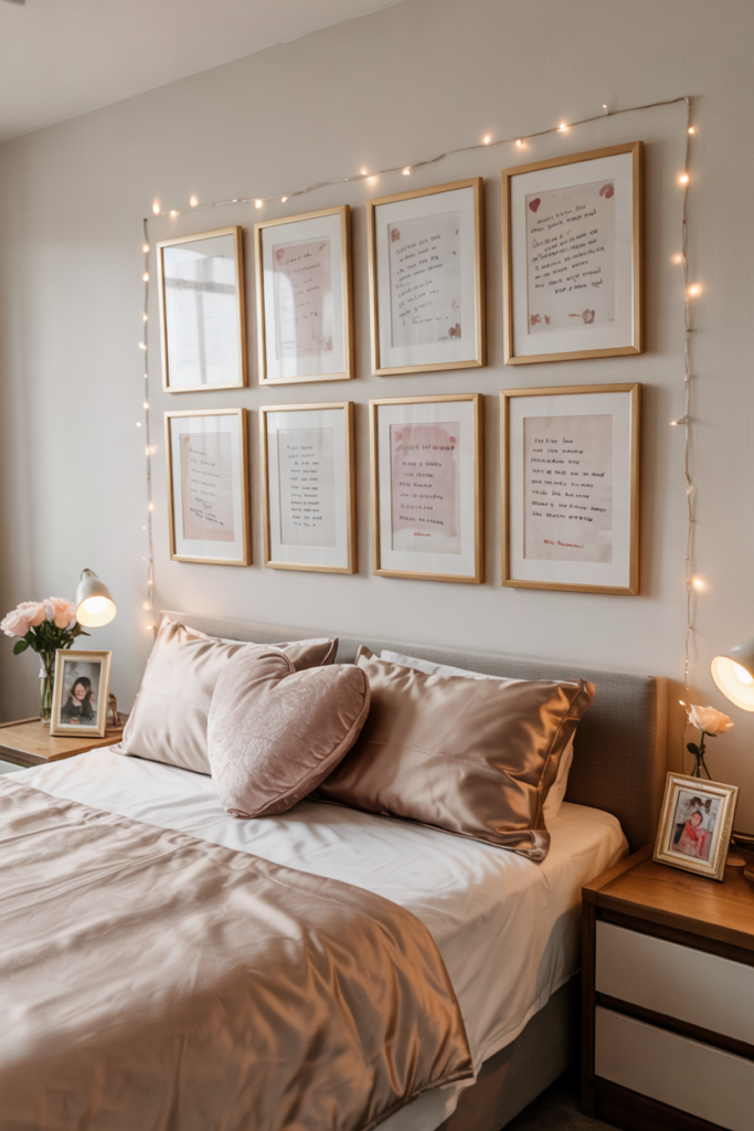 Cozy bed beneath a curated gallery of gold-framed handwritten love notes and romantic quotes, softly illuminated by micro fairy lights.