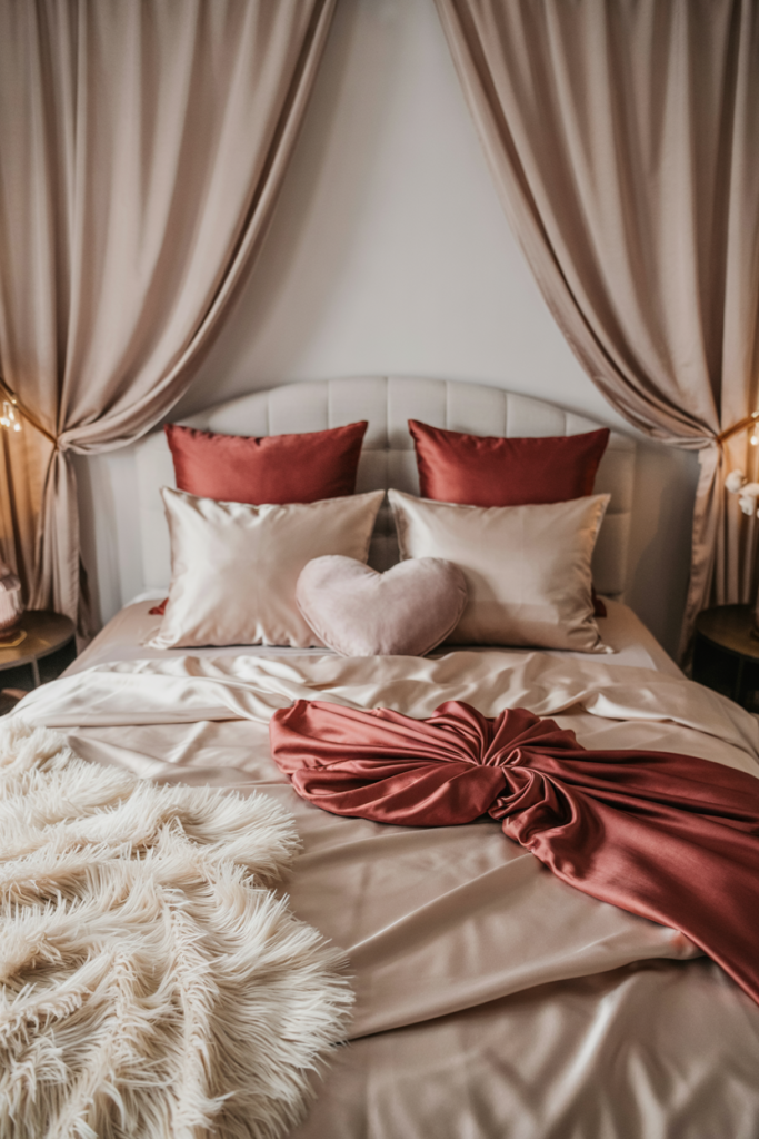 a perfectly organized, hotel-style bed dressed in blush, champagne, and deep-red satin and silk sheets with layered pillows and a folded faux-fur throw.
