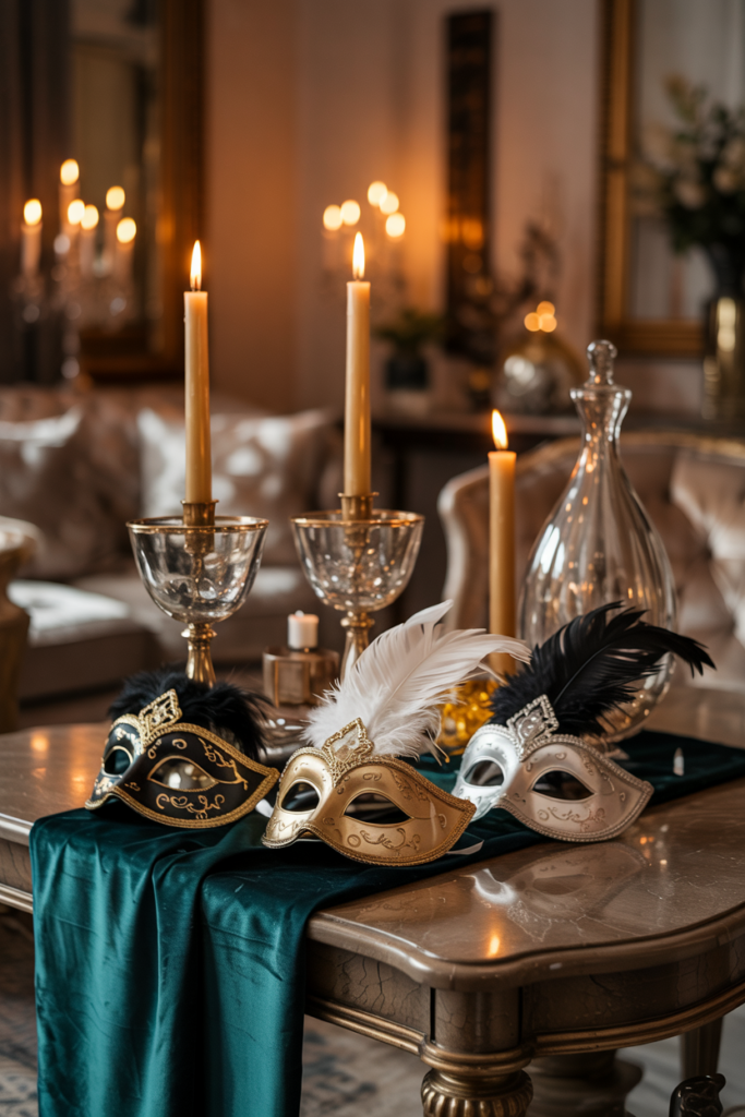 Glamorous New Year Masquerade corner with elegant masks, velvet runner, and ornate candle chalices in a home setting.