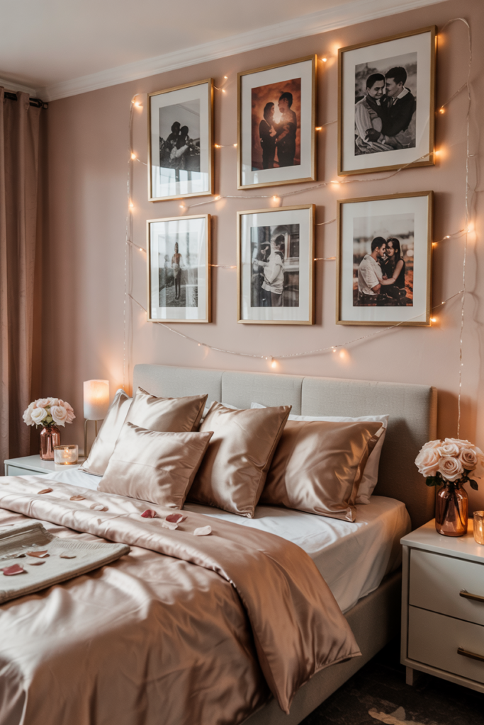 Hotel-style bed beneath warm string lights with clipped couple photos creating an organized, sentimental memory wall display.