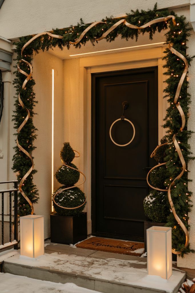 A modern front door framed by a slim evergreen garland edged with brushed-gold and matte-champagne metal tubing, micro-LEDs, champagne ornaments, frost-dusted planters, and a light snowfall.
