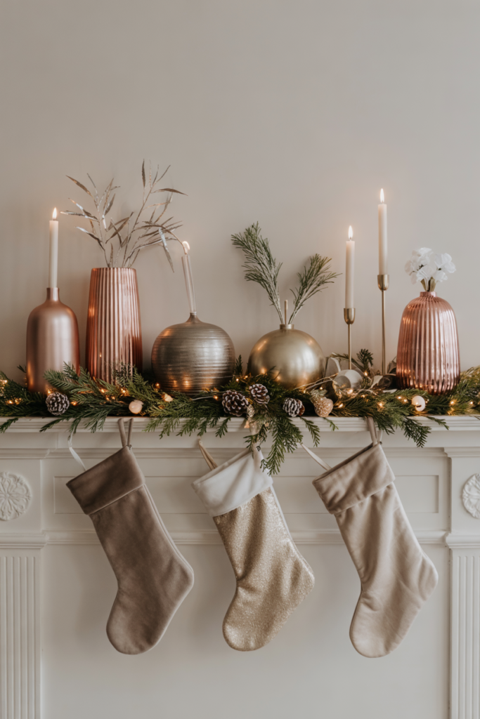 A winter mantel styled with rose-gold, muted gold, and brass décor, evergreen garland, candles, and a gold mirror for a warm, shimmering festive look.
