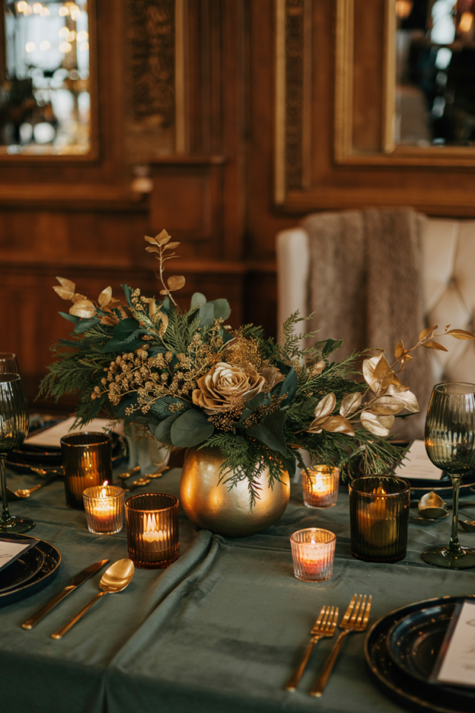 Luxurious New Year “Midnight Garden” home setting with deep greens, gold florals, amber candlelight, and festive winter décor.