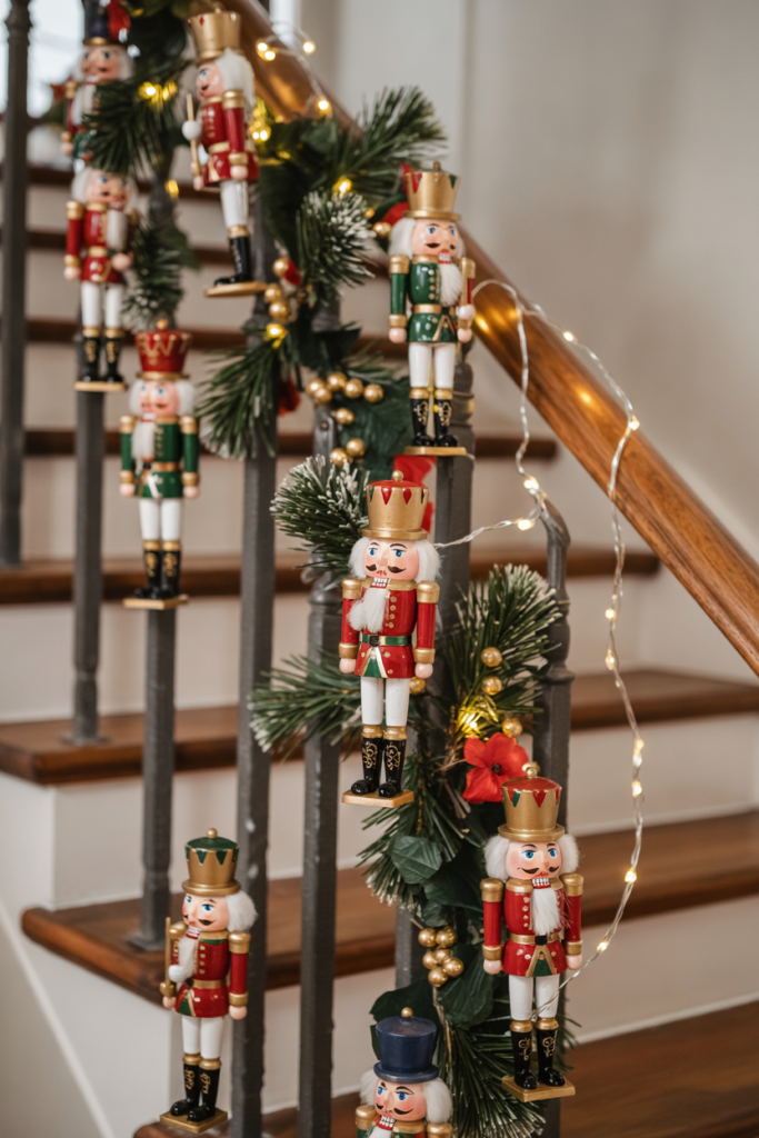 Garland made of mini Nutcracker figures hung as festive bunting across cabinets or a staircase in a cozy modern home.