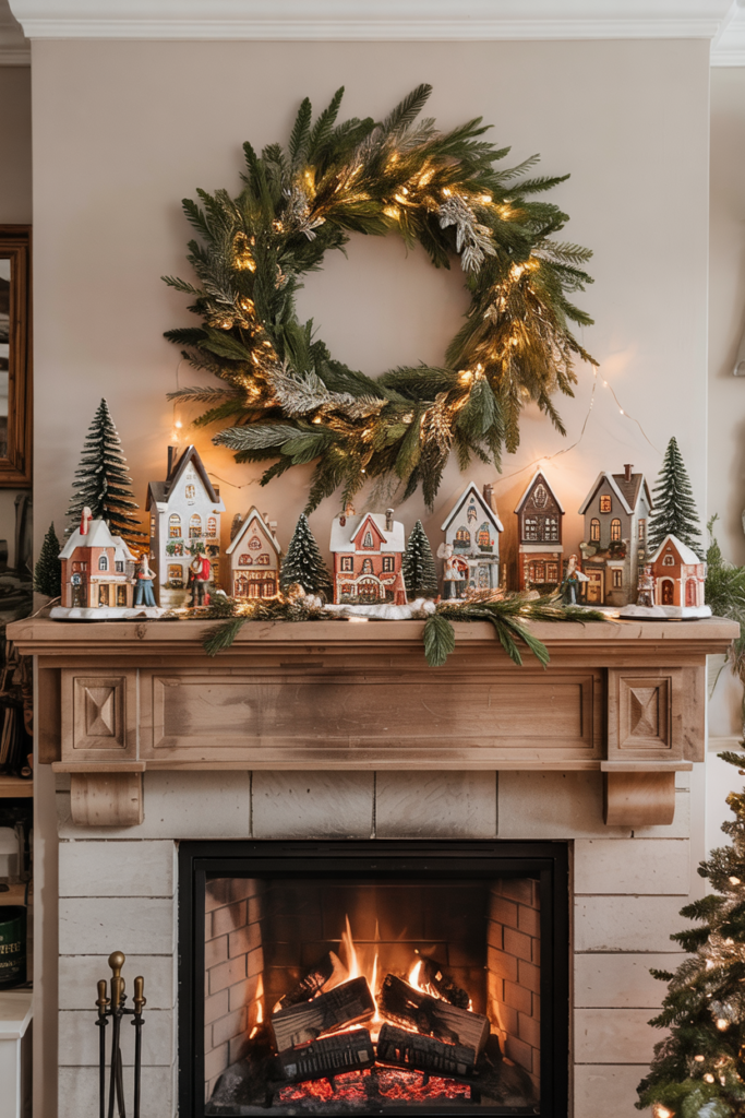 A Christmas fireplace mantel decorated with a miniature village, snow-sprayed garland, and tiny fairy lights, creating a whimsical, enchanting, and festive holiday display.