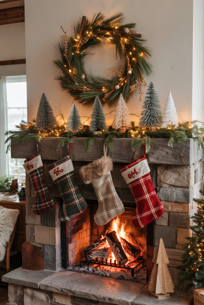 A rustic Christmas fireplace decorated with twig garland, miniature bottle-brush trees, and plaid stockings, glowing with firelight for a cozy cabin-core holiday look.