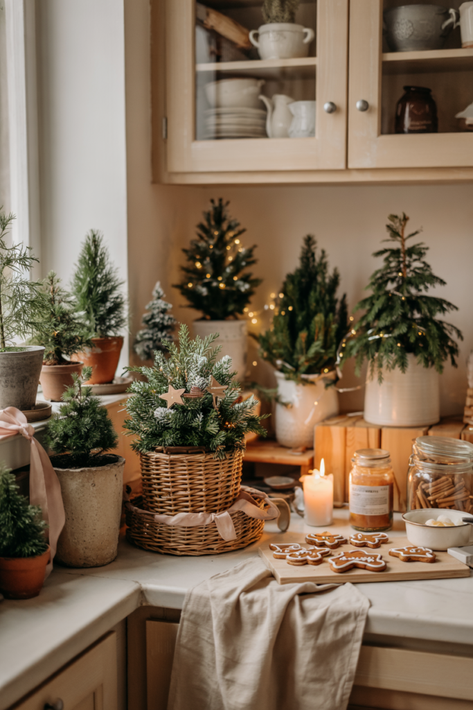 Small potted mini firs, cypress, or spruce in rustic containers on a windowsill and the countertop.